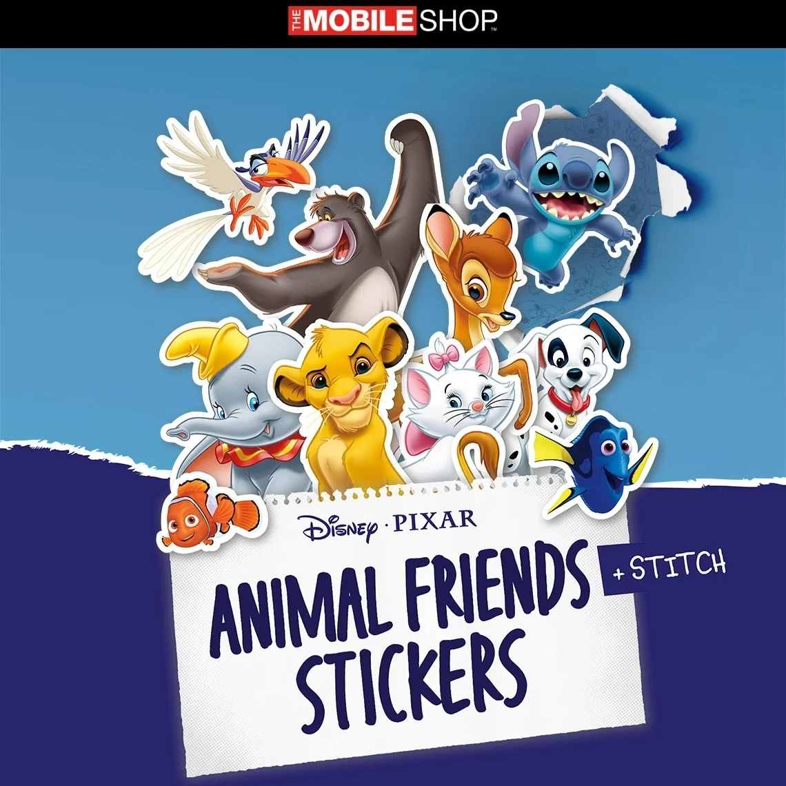 Disney Animals & Friends stickers below The Mobile Shop logo on a navy blue background.